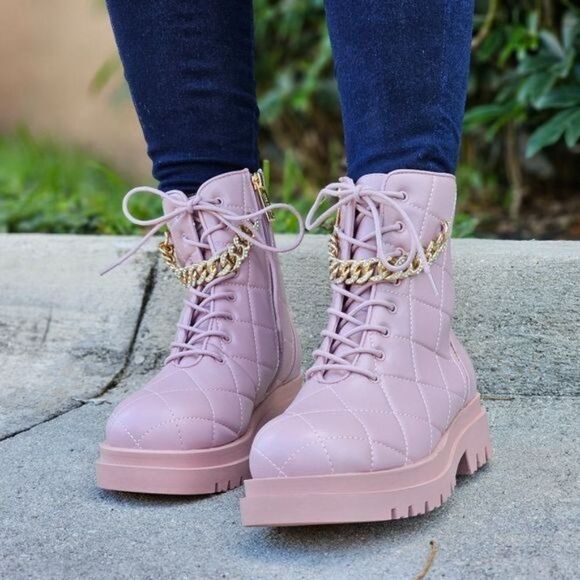 Womens Chunky Block Heel Ankle Combat Boots Pink Color - Picture 5 of 7